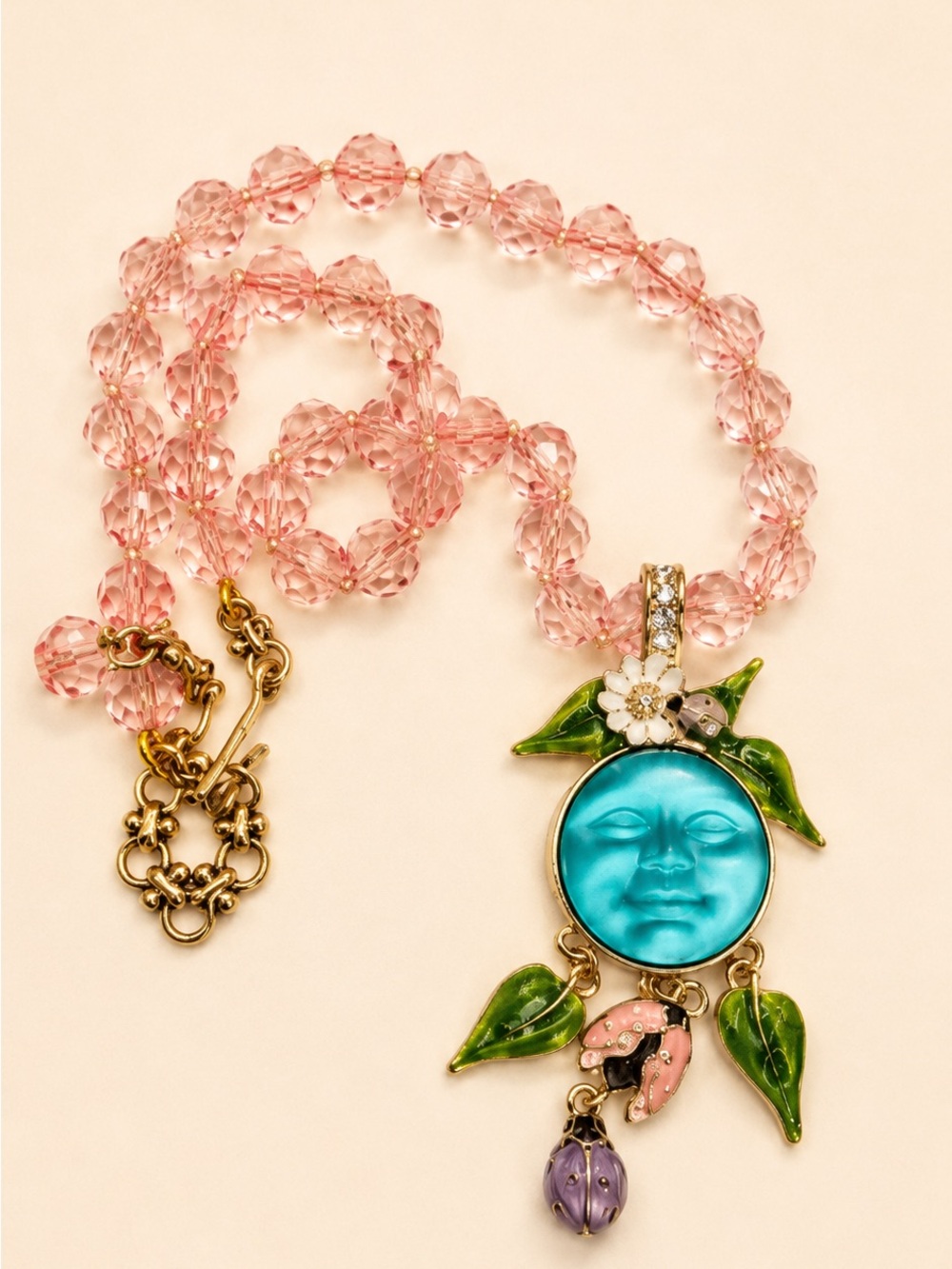 Vintage Kirks Folly Seaview Moon Necklace - Pink Crystal Bead Ladybug & Daisy